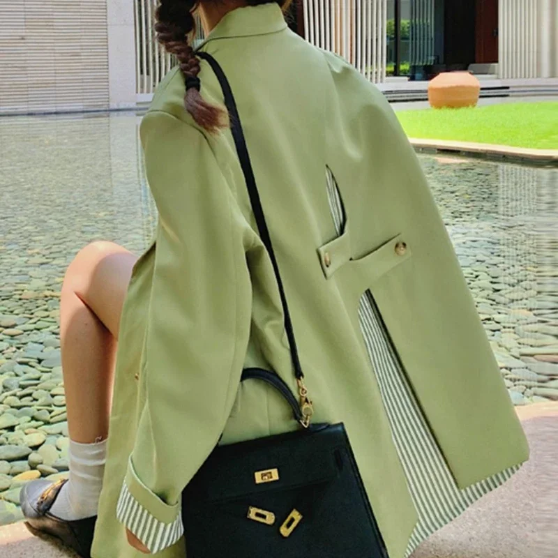 DAYIFUN Green Suit Coats Women 2024 New Temperament Back Cross Stripe Splice Design Sense Blazers Spring Autumn Suits Jackets