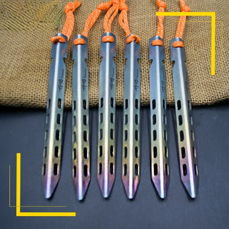 Outdoor Camping Windproof Colorful Titanium Tent Nails V-shaped Titanium Ground Nails 6 Pieces Mountaineering Accessories New