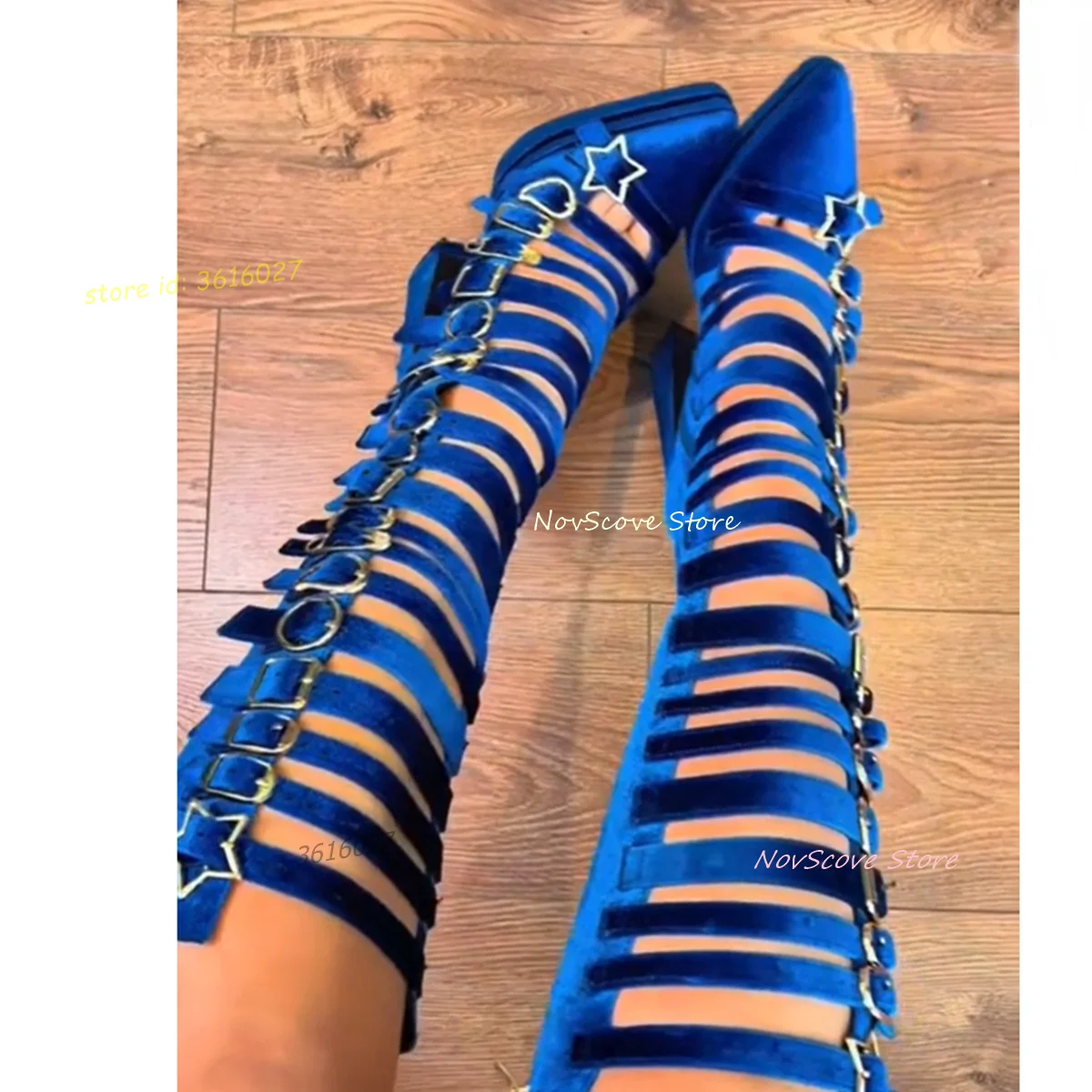 Blue Velvet Knee High Booties Strappy Block High Heels Pointed Toe Platform Cutouts Sandals Gladiator Sexy Women Sandals Booties