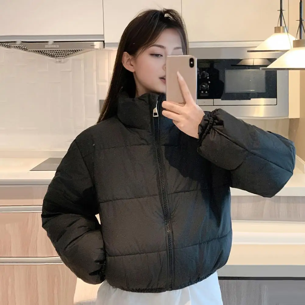 Winter Women Parkas Thickened Zipper Closure Stand Up Collar Neck Padded Coat Solid Color Heat Retention Down Jacket