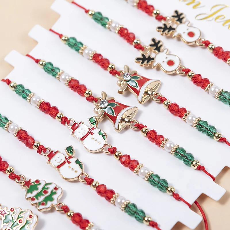 12PCS/SET Christmas Charm Bracelet Set Santa Claus Snowman Bells Elk Snowflake Rope Adjustable Bracelet for Women New Year Gift