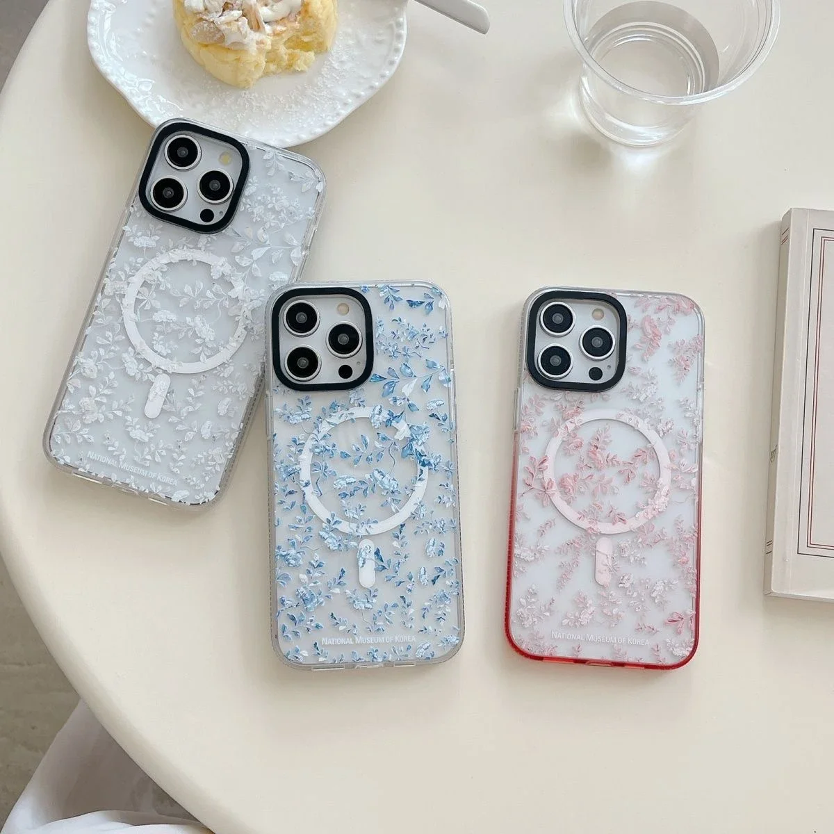 

Korean Museum Flowers Pink Gradient Transparent Border Magnetic IPhone 13 14 15 Pro Max Case