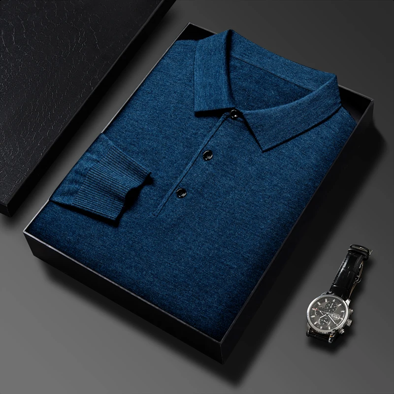 

Мужская тонкая трикотажная рубашка-поло на весну 2026 года, повседневный джемпер с отложным воротником из смесовой шерсти, мужская вязаная футболка с длинным рукавом, пуловер