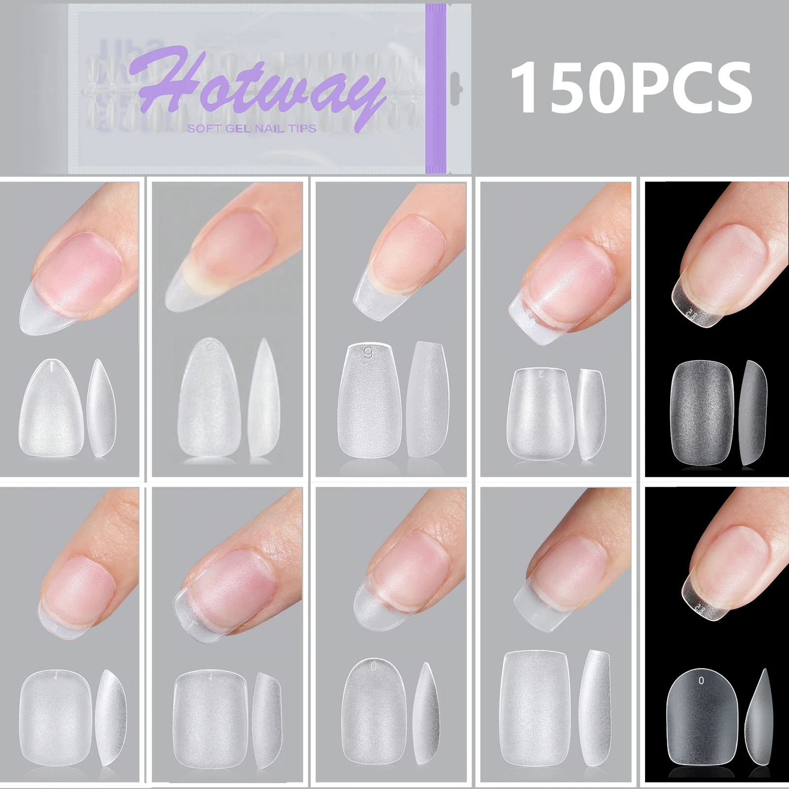HOTWAY 150 bag full adhesive transparent frosted fake nail tip nail patch - including short, medium, long, almond, square, oval,