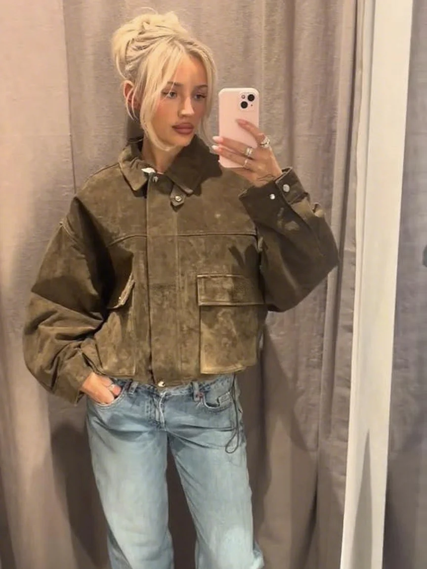 

Leather Pilot Women's Jacket Vintage Turn-Down Collar Pocket Coats Zipper Straight Loose Tops High Street Neutral Style Clothes