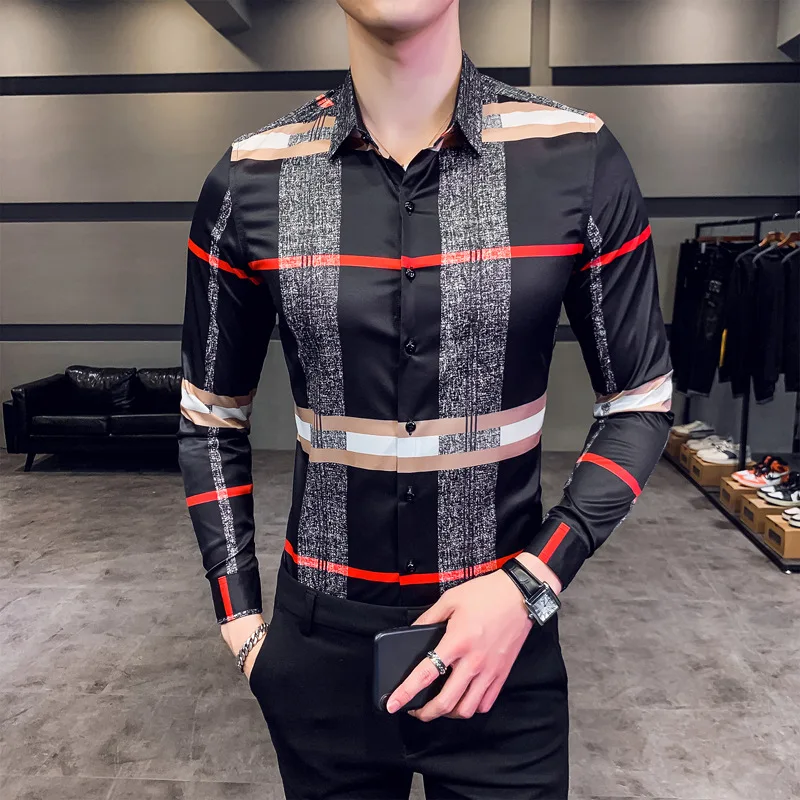 6XL 2025 Mens Vintage Print Long Sleeve Shirt New Fashion Hawaiian Slim Fit Striped Shirts Casual Plaid Shirts Men Chemise Homme