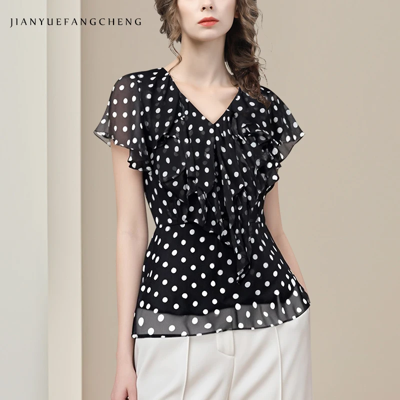 

Women' Short Sleeve Polka Dots Black Chiffon Blouse Cool Lightweight V-neck Ruffles Summer Casual Shirt Tops
