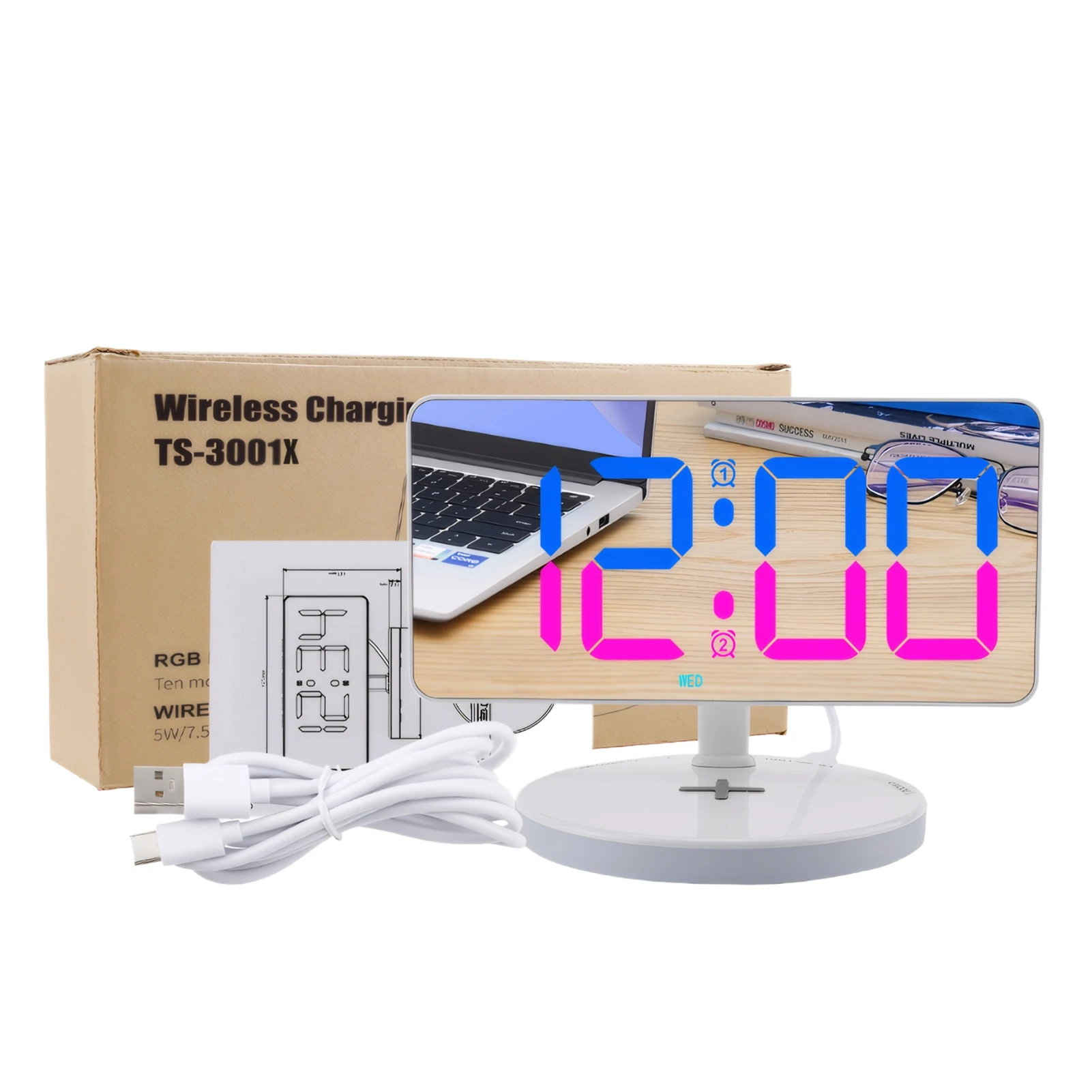 Adjustable Makeup Mirror Forwireless Charging Small Night Light LED Digital Clock Week Display