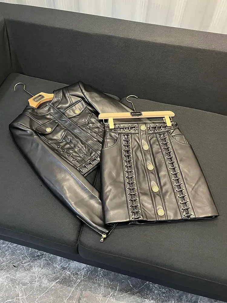 

Кожаный дэт Star round Ne ort с веревочным галстуком, облегающий комплект юбки трапециевидной формы, модная верхняя одежда для женщин