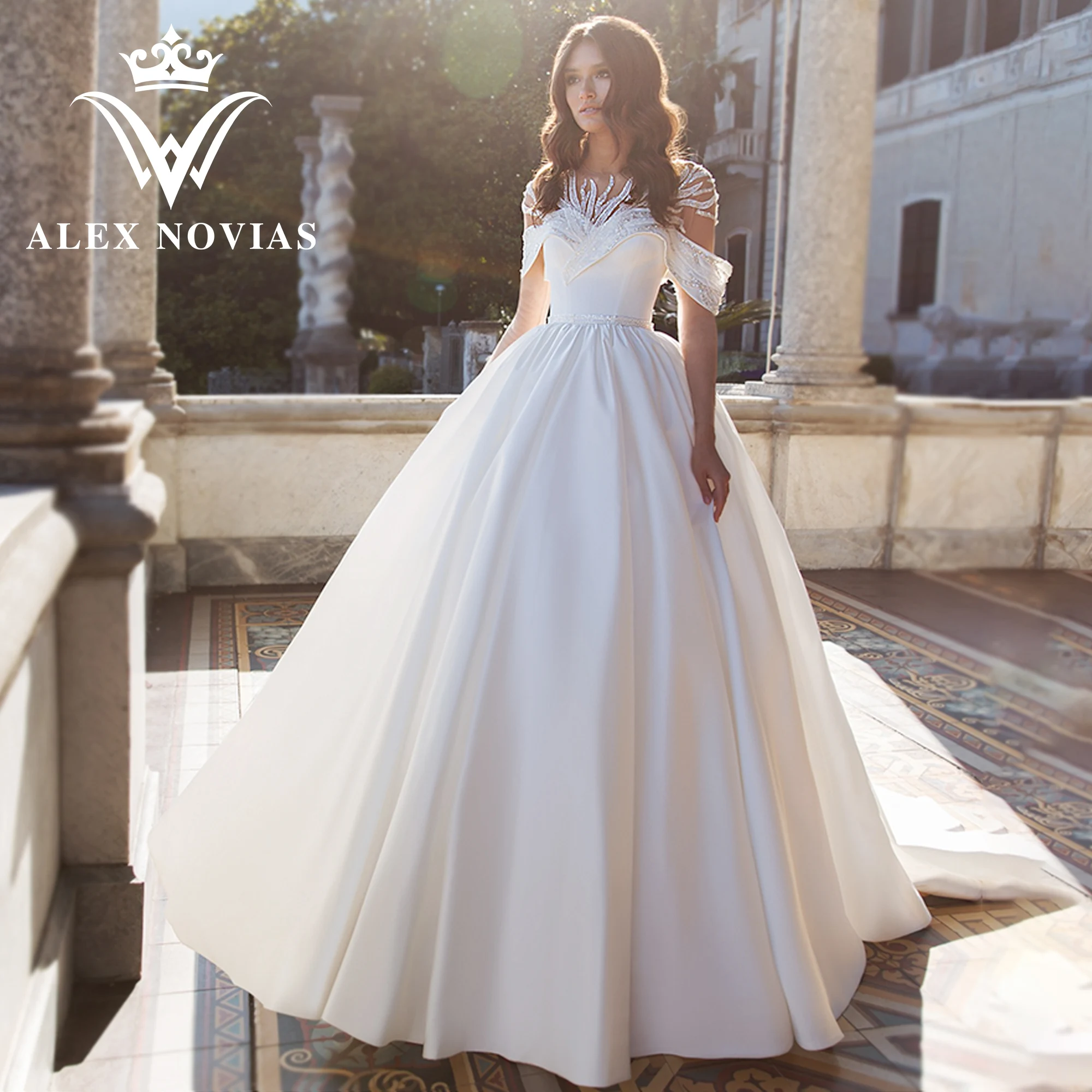 

ALEX NOVIAS Ball Gown Satin Wedding Dress 2023 Luxury Beaded Off Shoulder Bride Princess Wedding Gown Vestidos Novias De Saten