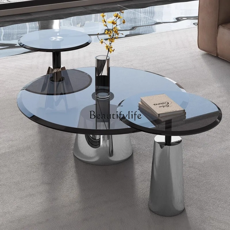 5Round tea edge several household small apartment living room coffee table stainless steel tempered glass
