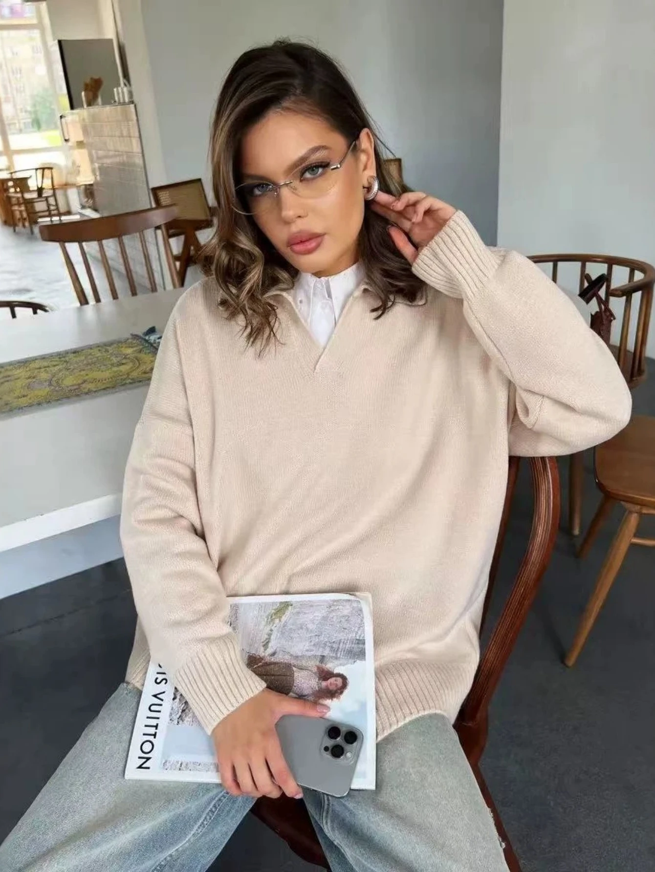 Casual Basic Polo Collar Knit Sweater Women V Neck Long Sleeve Pullover Loose Fit 2026 Autumn Winter Collared Sweater Top 5