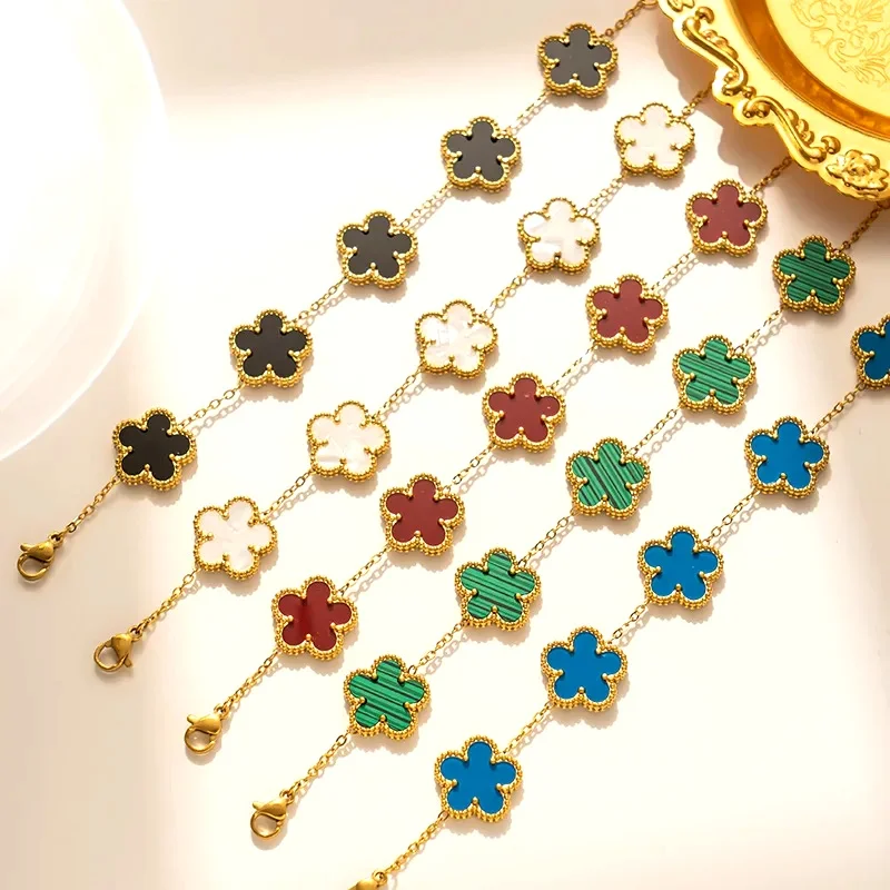 Classic Luxury Stainless Steel Bracelet Ladies Adjustable Five Flower Bracelets for Women New Fashion Party Jewelry Gifts Clover