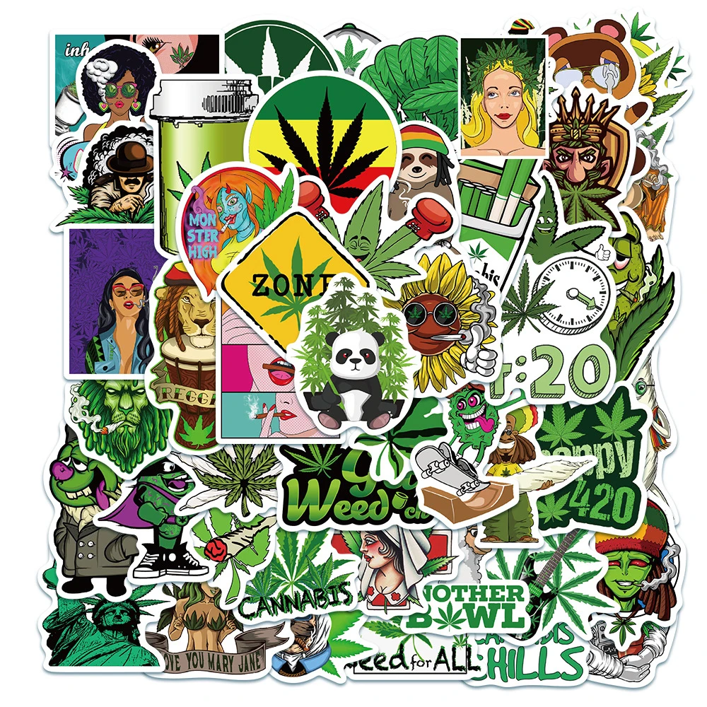 50/100pcs Funny Characters Hemp Leaves Weed Smoking Stickers Laptop Car Skateboard Guitar Fridge Waterproof Cool Sticker