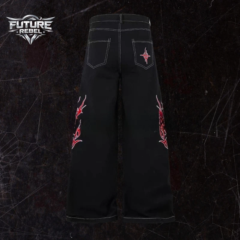 Vintage American Flame Jeans Men Flare Straight Leg Loose High Street Casual Streetwear Y2K Gothic Denim Unisex Harajuku Hip Hop