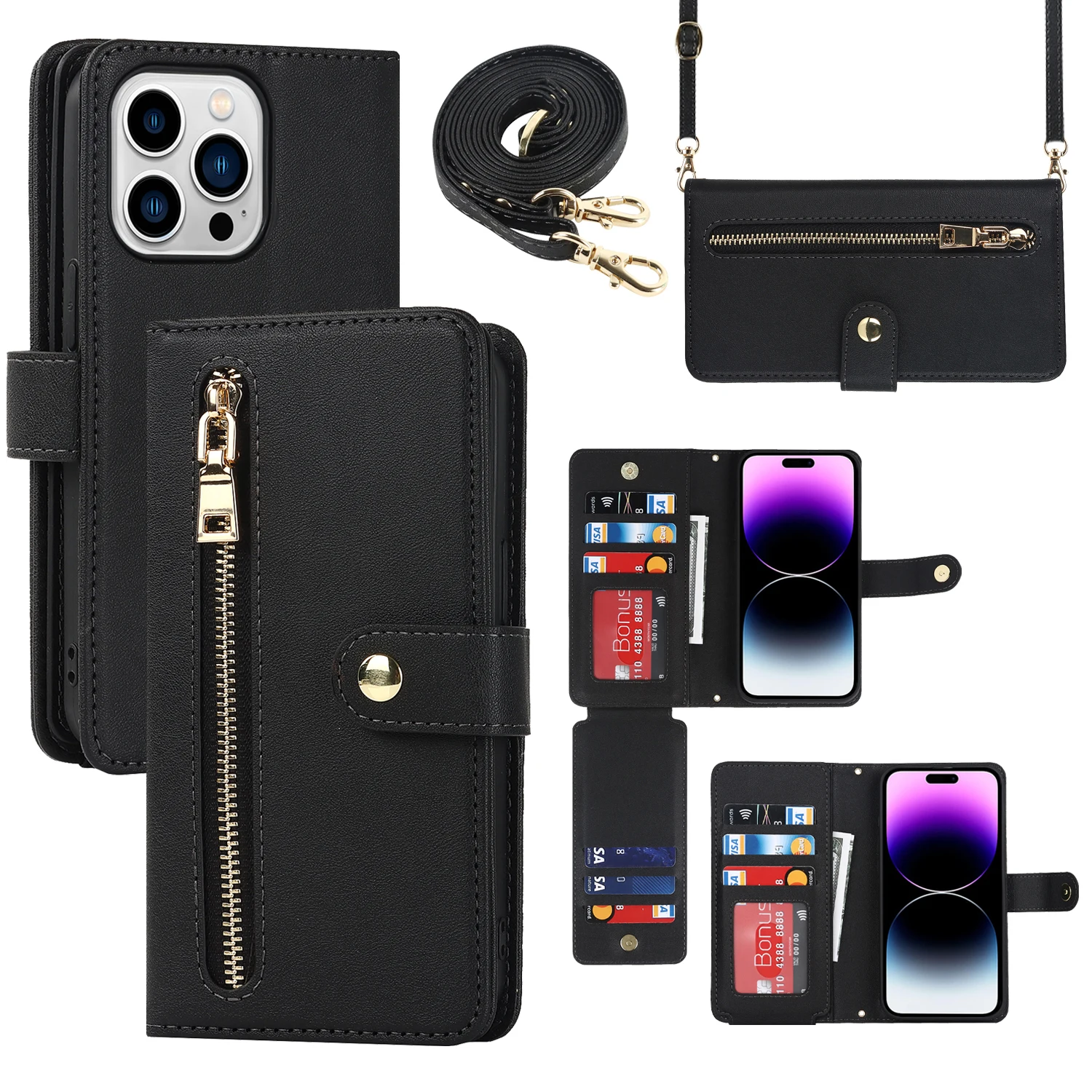 

Crossbody Shockproof Leather Zipper Card Holder Wallet Case for iPhone 16 Pro Max 15 14 13 12, Cards Pocket Stand Phone Cover