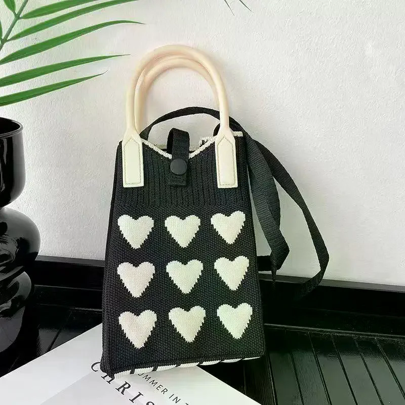 【W】Girls Cute Outdoor Crossbody Bags Korean Fashion Heart Knitted Mini Square Handbag For Women Small Phone Shoulder Bag