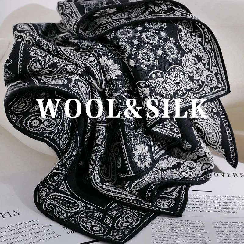 

70% Wool 30% Silk Scarf Women Winter Ethnic Black Red Paisley Print Neck Scarves Shawls Wraps Female Hijab Ladies Accessories