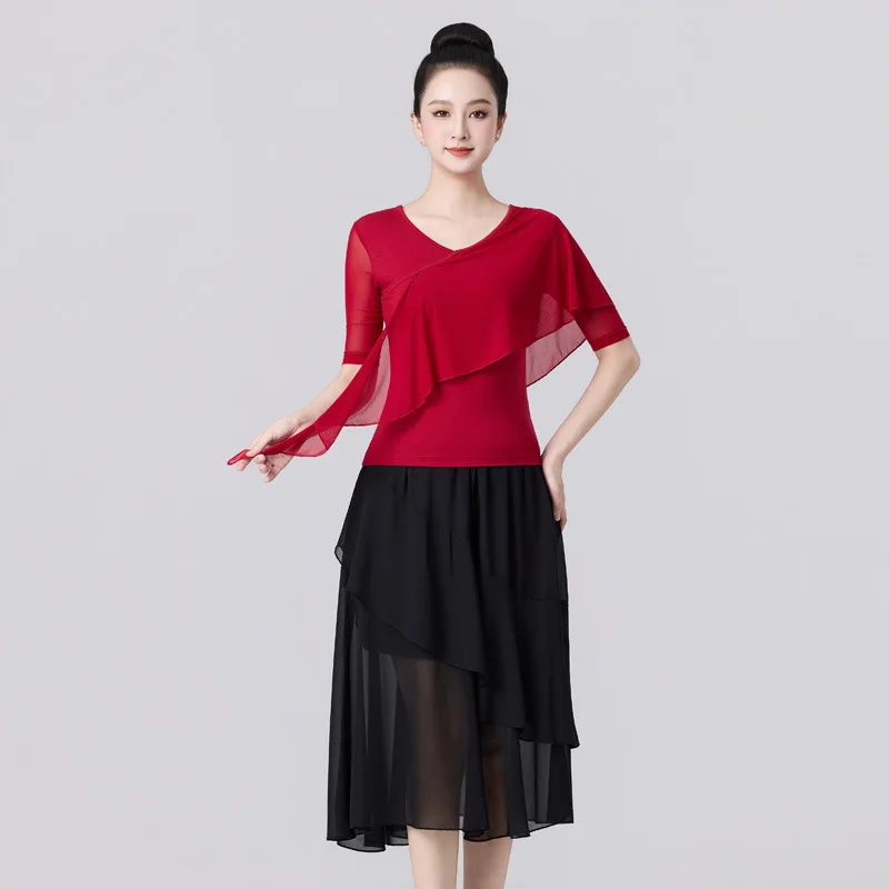 Nuovo top da ballo latino e da sala slim fit con gonna di media lunghezza Abbigliamento da pratica per donna Ginnastica per adulti e abbigliamento da pattinaggio di figura