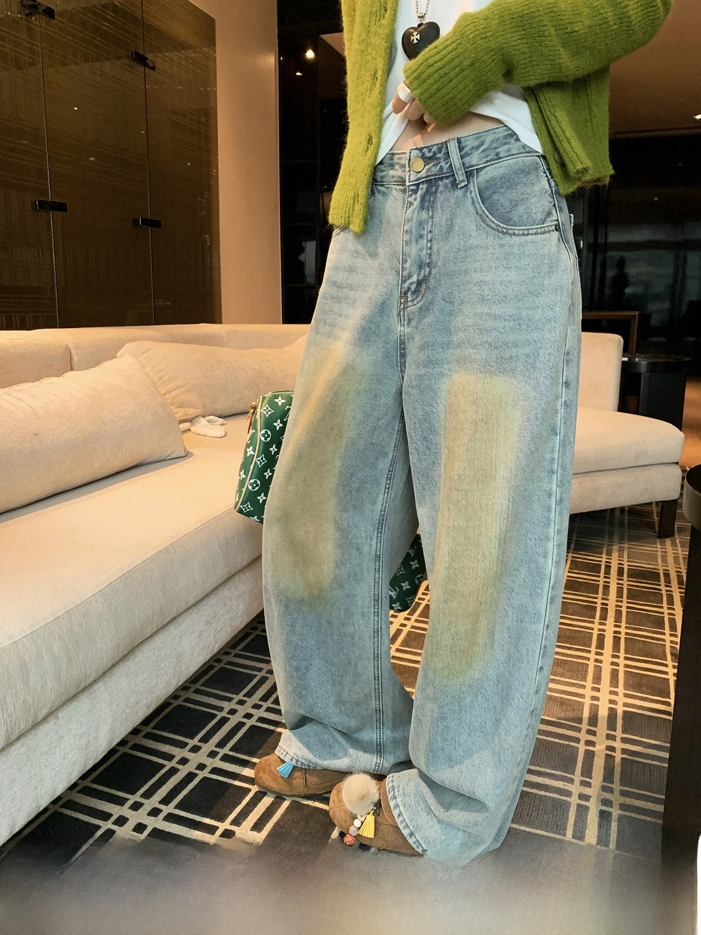 

Выцветшие широкие джинсы в стиле ретро, женские осенне-зимние узкие прямые брюки длиной до пола, повседневные джинсы с талией