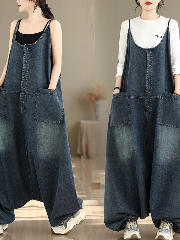 Retro Distressed Denim Overalls Women's Loose plus Size Casual High Waist Harlan Pants Autumn 2026 New Style Ladies Jeans