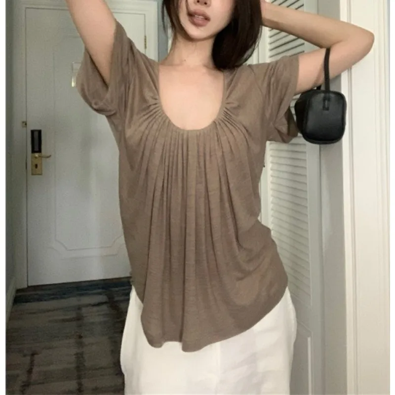 Lazy Wind U-neck Pleated Short-sleeved T-shirt Women's Design Sense Casual Versatile Top