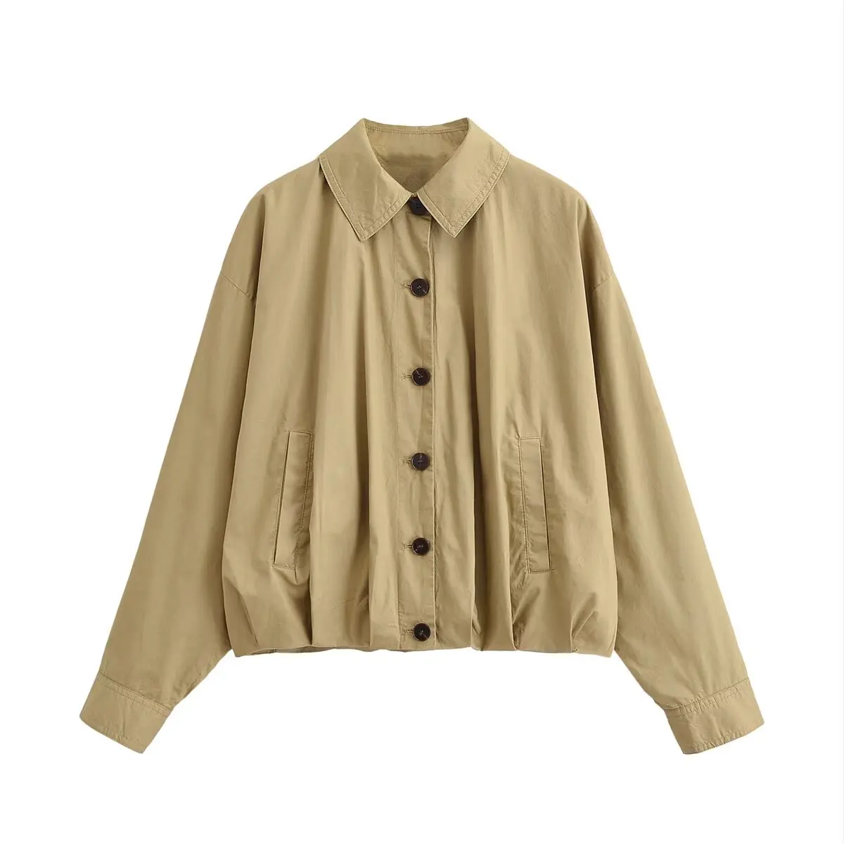 

Новая женская куртка в европейско-американском стиле: весенняя, повседневная, с длинными рукавами, отложным воротником, пышными рукавами и однобортной застежкой.