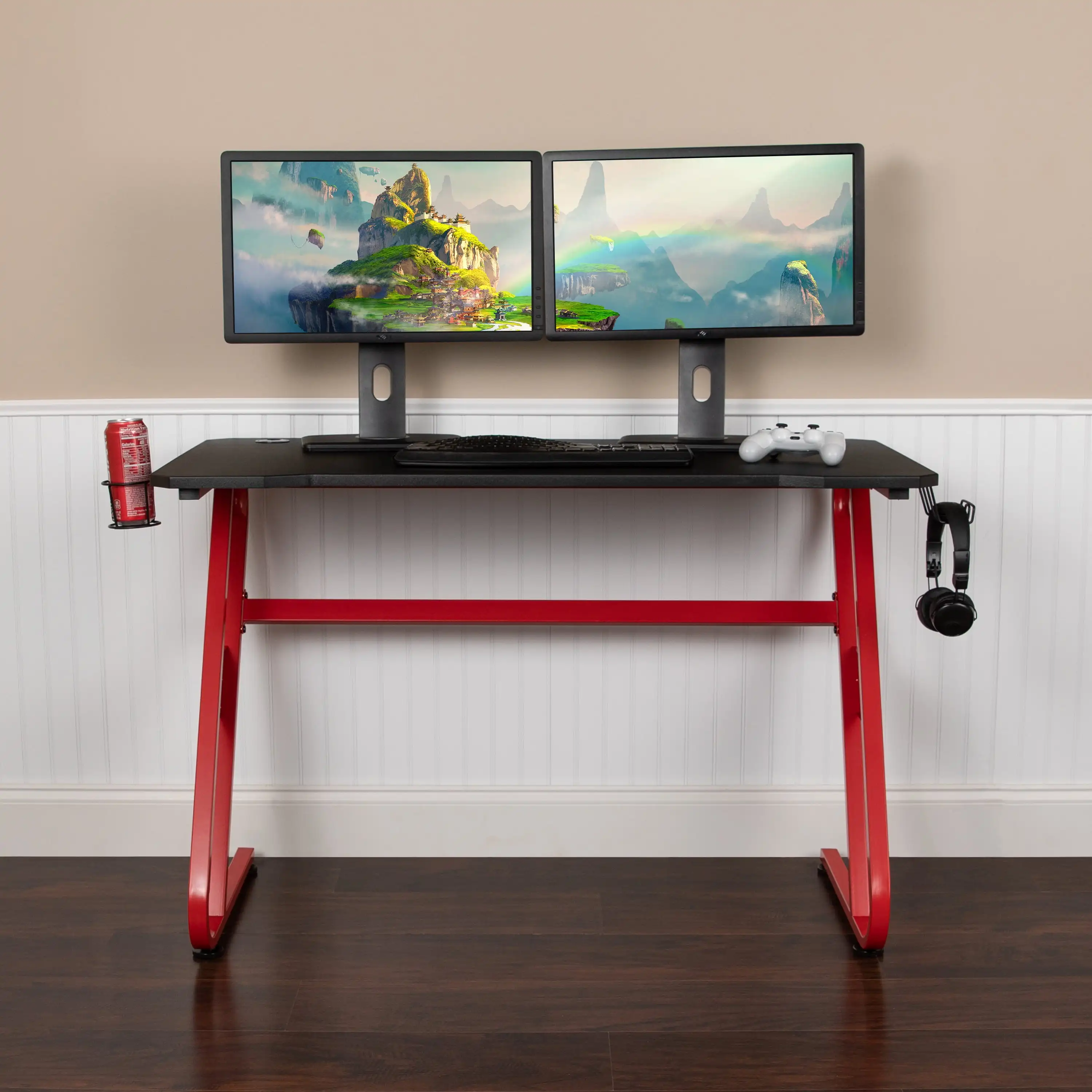 

Furniture Red Gaming Ergonomic Desk with Cup Holder and Headphone Hook