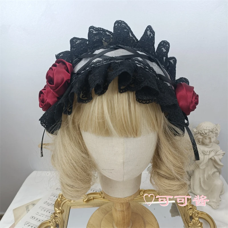 

Rose black hair band cos hair maid dark gothic lolita lace headdress