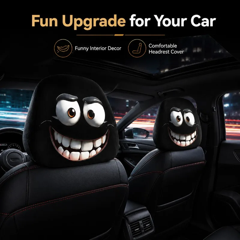 2PCS Smiley Printed Car Headrest Pillowcases Soft Polyester Washable Seat Cover Decorative Auto Interior Accessory Universal Fit