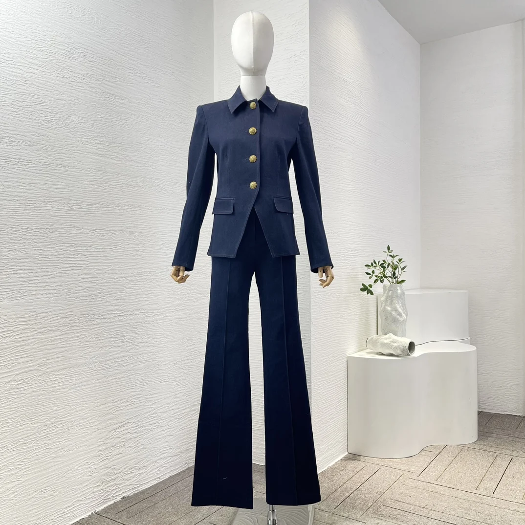 2024 Spring Autumn New Simple Dark Blue Suit Metal Button Coat Mop Bell Bottoms