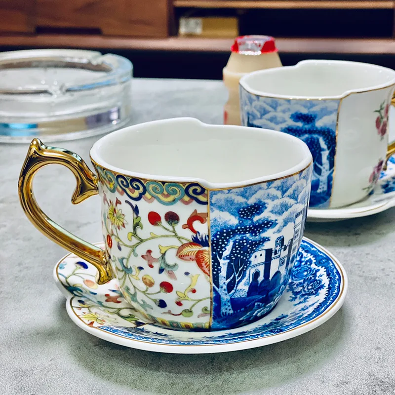 European Retro Coffee Cup British Afternoon Tea Coffee Cup Saucer Set Flower Tea Cup