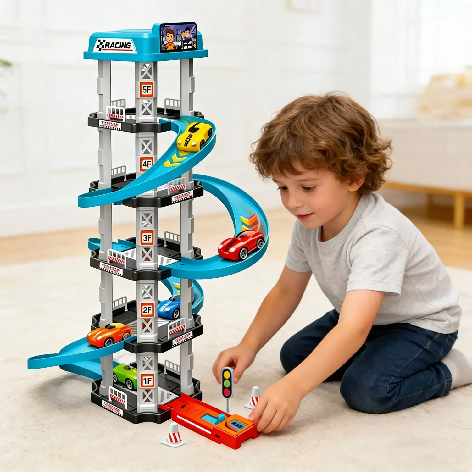 Parking Garage Track Set With 2 Race Cars, Catapult Launcher, Curved Drift & Helicopter Pad,Assembly Educational Toy For Parent-Child Interaction & Hand-Eye Coordination, Birthday Christmas Gifts For Boys Girls(Colors Of Some Accessories Are Random)