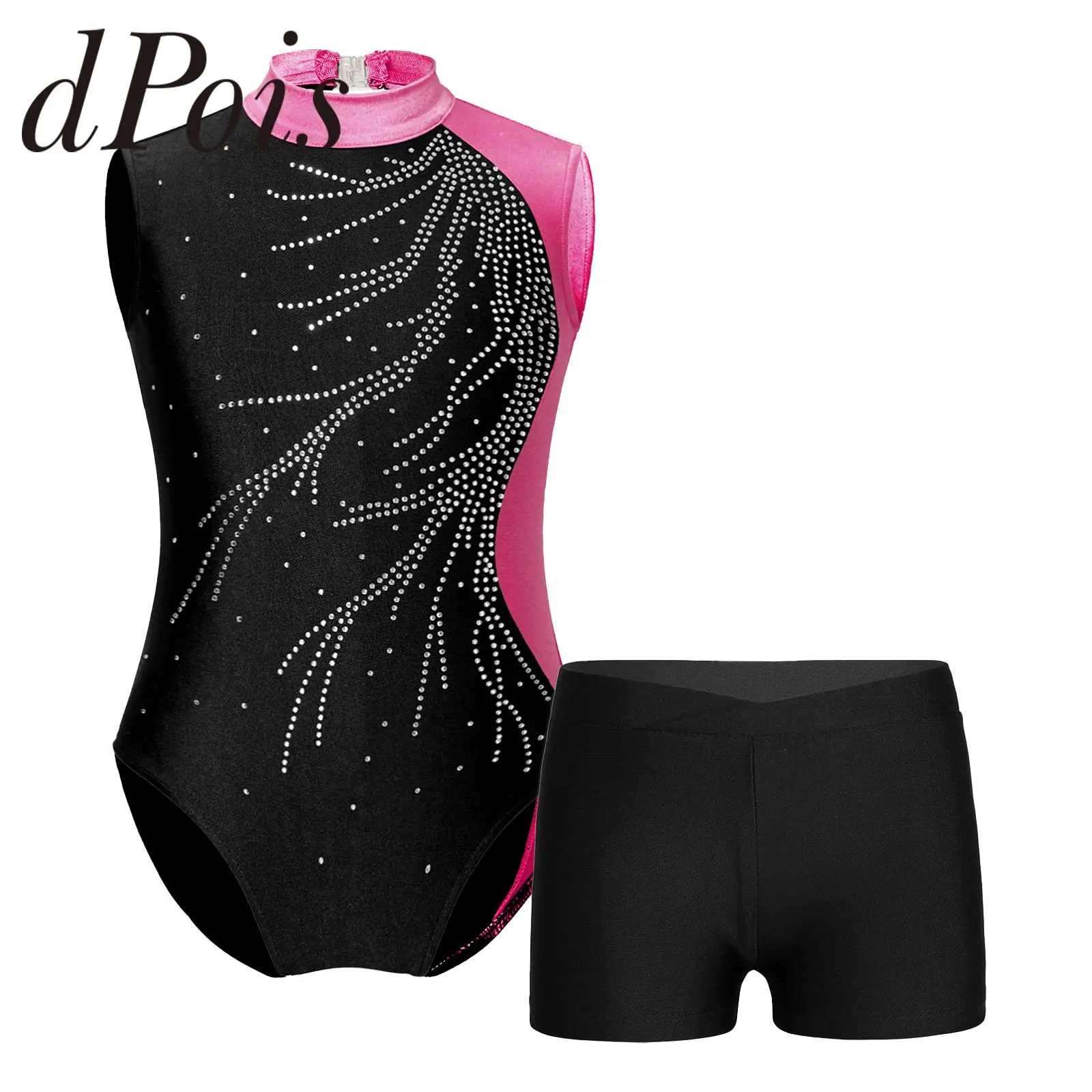 Kids Girls Sleeveless Gymnastics Jumpsuit + Shorts Shiny Rhinestone Skating Bodysuit Ballet Dance Outfits Children Dancewear Set