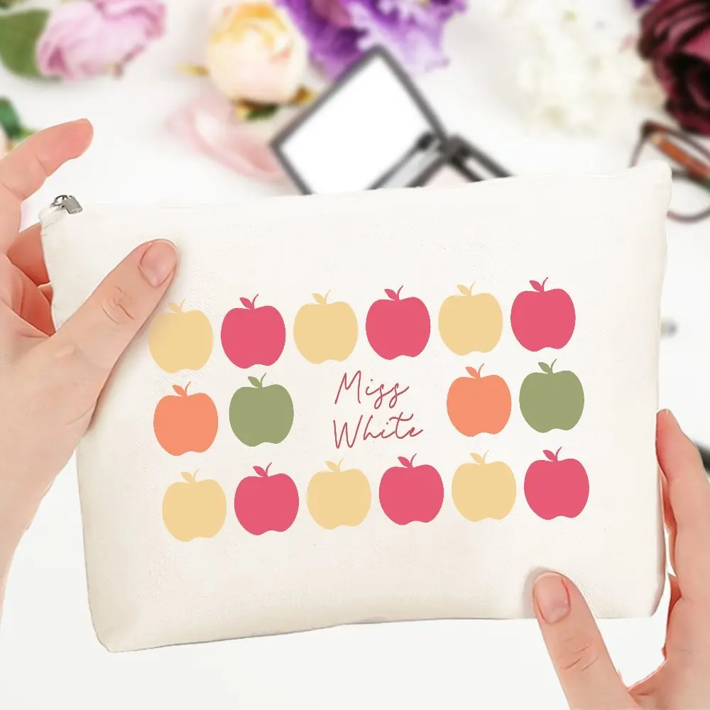 Personalized Apple Teacher’s Name Makeup Bag Custom Cosmetic Bag with Colorful Apple Design Canvas Travel Bag Zipper Pouch