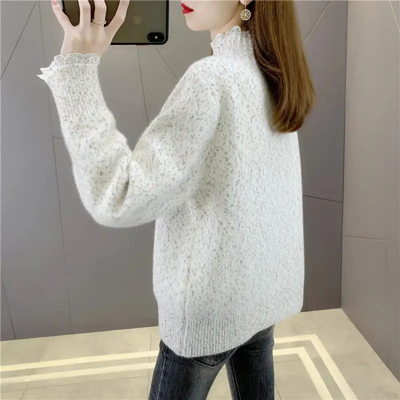 Autumn Winter New Women\'s Half High Collar Lace Color Block Weave Long Sleeve Pullovers Sweaters Fashion Casual Loose Tops