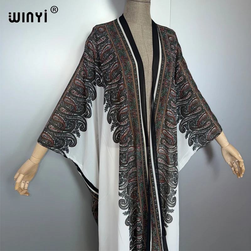Kimono abaya Dubai mewah bergaya retro Timur Tengah WINYI untuk wanita, kardigan, pakaian pantai, kaftan, penutup pantai, mantel maxi
