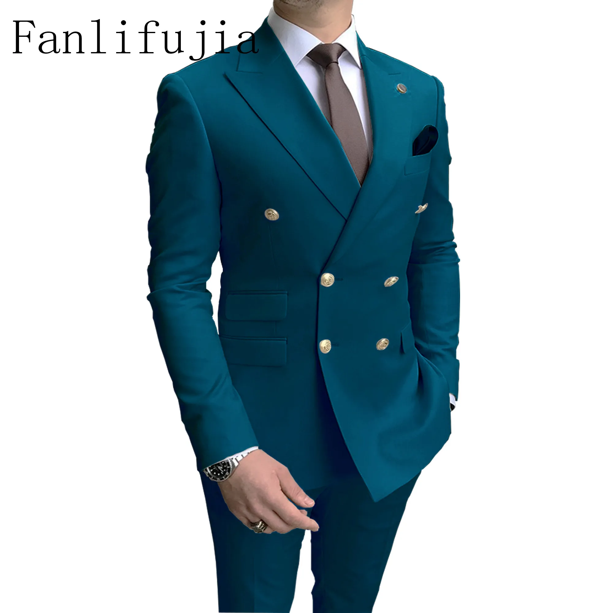 Fanlifujia Store 2024 Casual Sky Blue Men Suits Double Brested Peak Lapel  Gold Button Groom Wedding Tuxedos Best Costume Homme