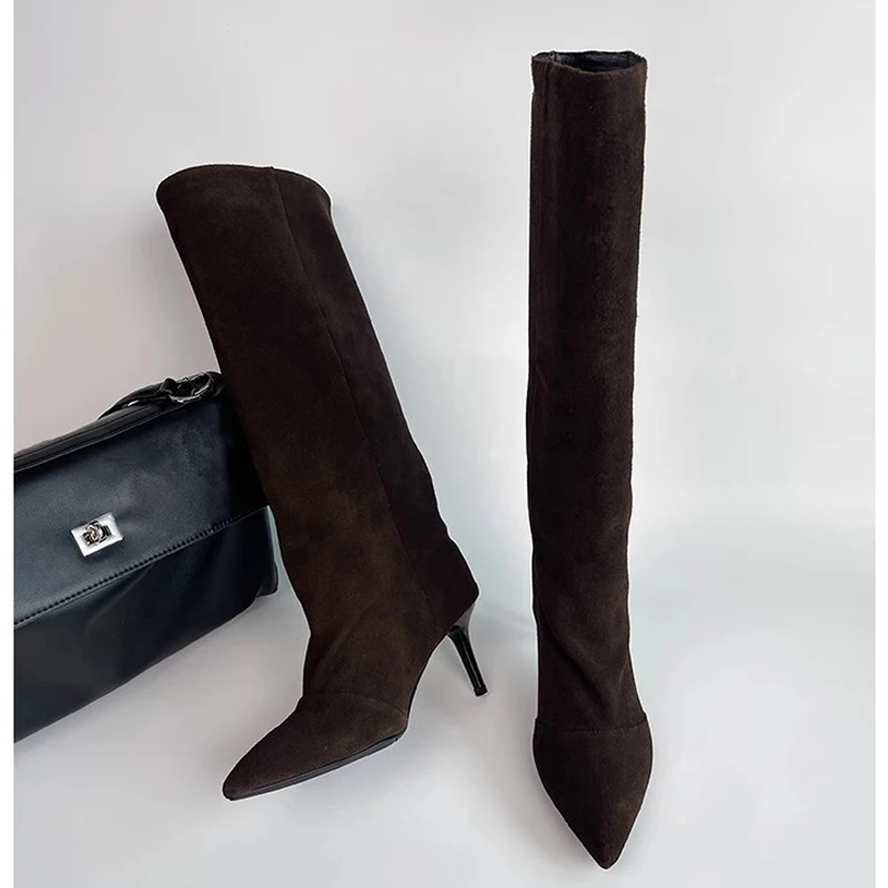 

Aneikeh Fashion Long Booties Winter Female Wrinkle Pointed Toe Knee-High Women Boots Thin Heels Shoes Zapatos De Muje