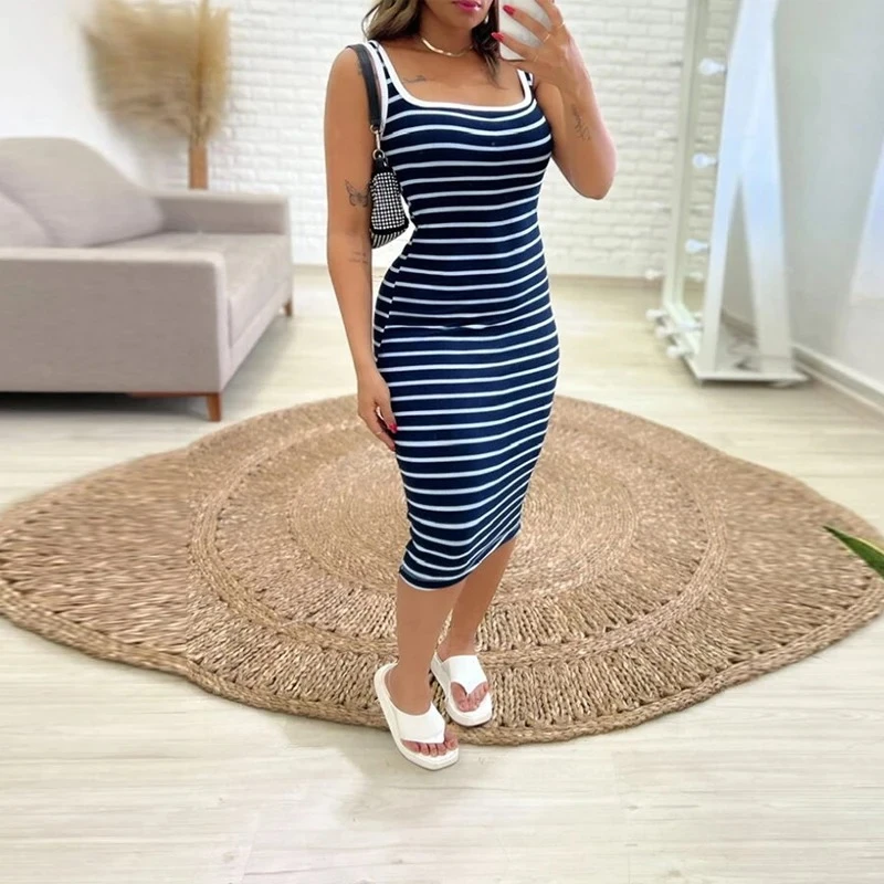 Women Casual Tank Striped Pattern Sleeveless Midi Skinny Sexy Dress