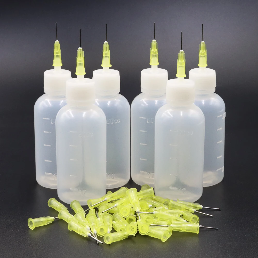 6pcs 50ml Transparent Glue Bottle Squeezable Applicator Plastic Liquid Bottle with 50pcs Dispensing Needle Suitable for Glue DIY