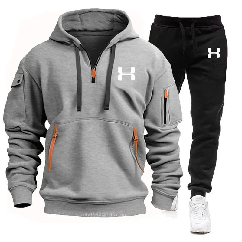 2024 men\'s new autumn and winter multi-pocket zipper long-sleeved pullover + casual sports pants pullover fitness jogging 2 sets