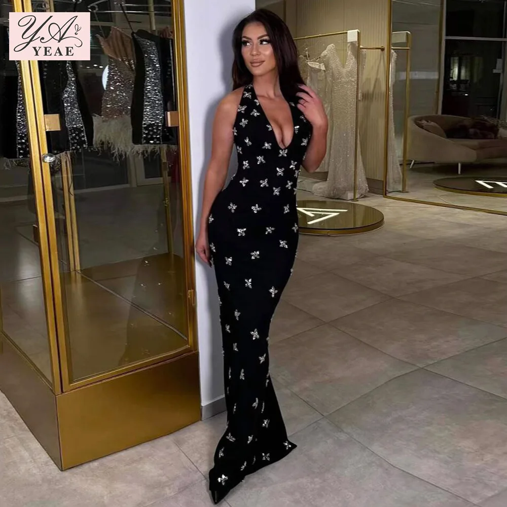 

2025 Sexy Backless Gown - Deep V Neck Crystal Dress with Halter Detail, Slimming Evening Dress