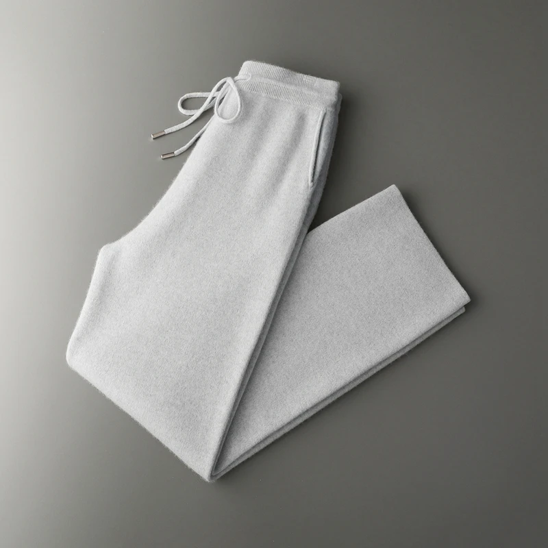 2025 New Men Knitted Wide-Leg Pants 100% Pure Wool Plane Thicken Pants Pocket Decoration High quality Warmth Long Pants