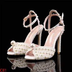 Maogu-Pérolas Studs Sandálias para Mulheres, Peep Toe Salto Alto, Fivela, Sapatos de Casamento, Alta Qualidade, Moda Luxo, Novo, 43