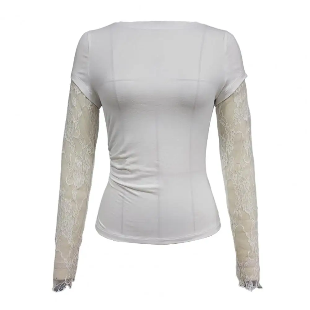 

Lace Sleeve Blouse Comfortable Pblouse Women’s O-neck Pullover Tops Lace Spliced Long Sleeve Blouses Soft Stretchy for Outfits