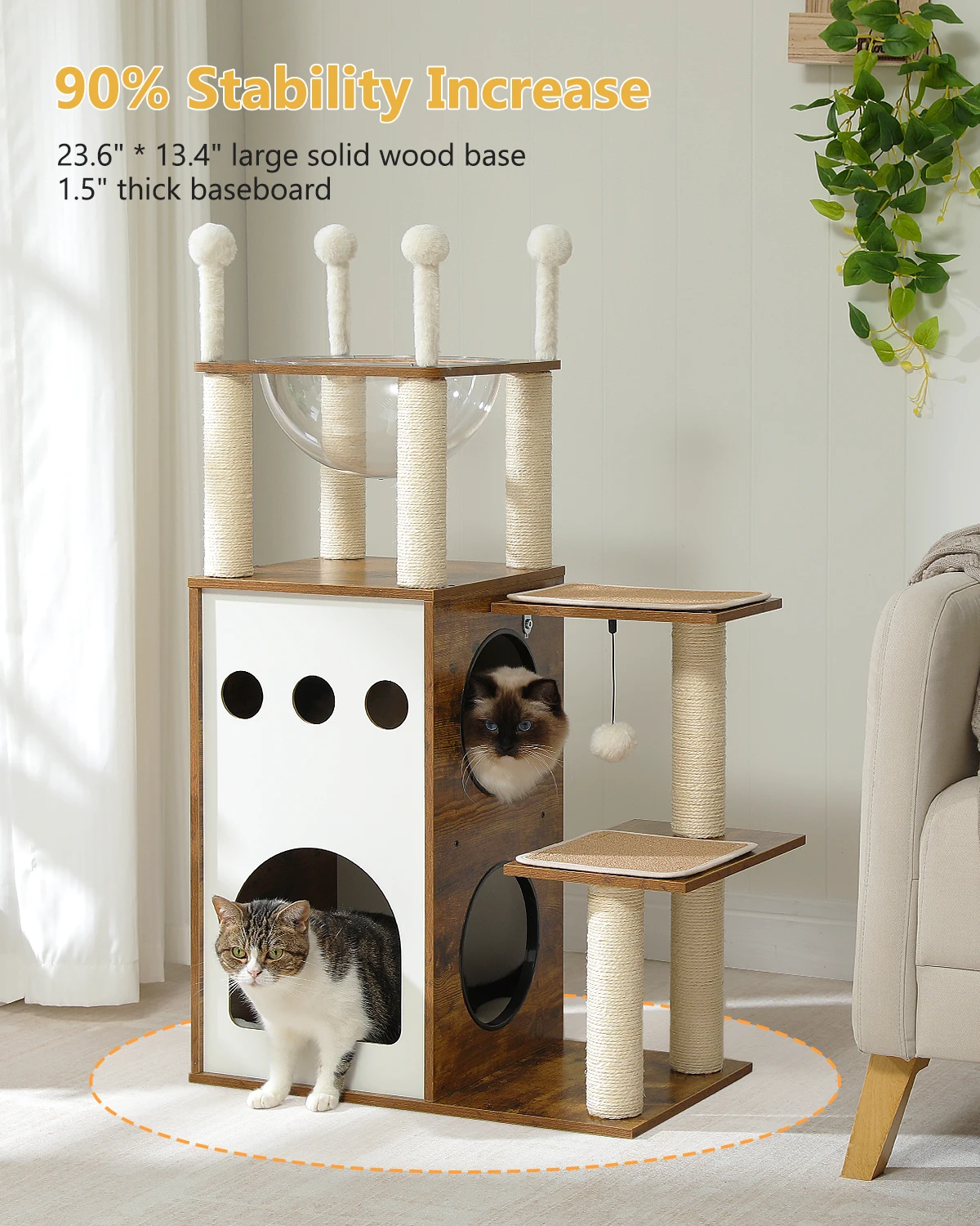 Modern Wood Cat Tree for Indoor Cat Tower Heavy Duty with Scratch Post for Extra Tall Condo Sturdy Frisco Castle with Clear Bowl