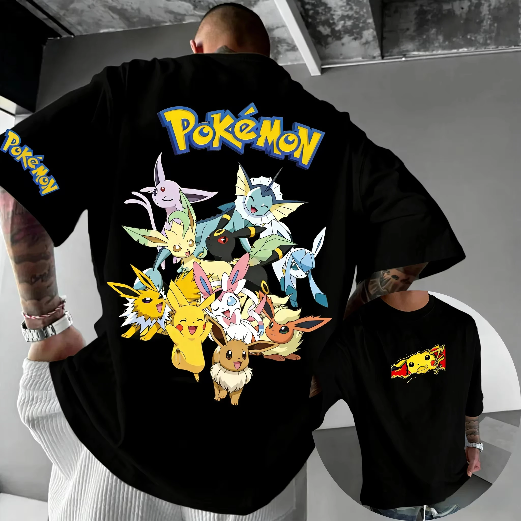 

Летняя хлопковая футболка унисекс Pokémon 2026, новинка, с принтом Eeveelution, в уличном стиле хип-хоп, повседневная, свободного кроя, Y2K, универсальный топ для родителей и детей