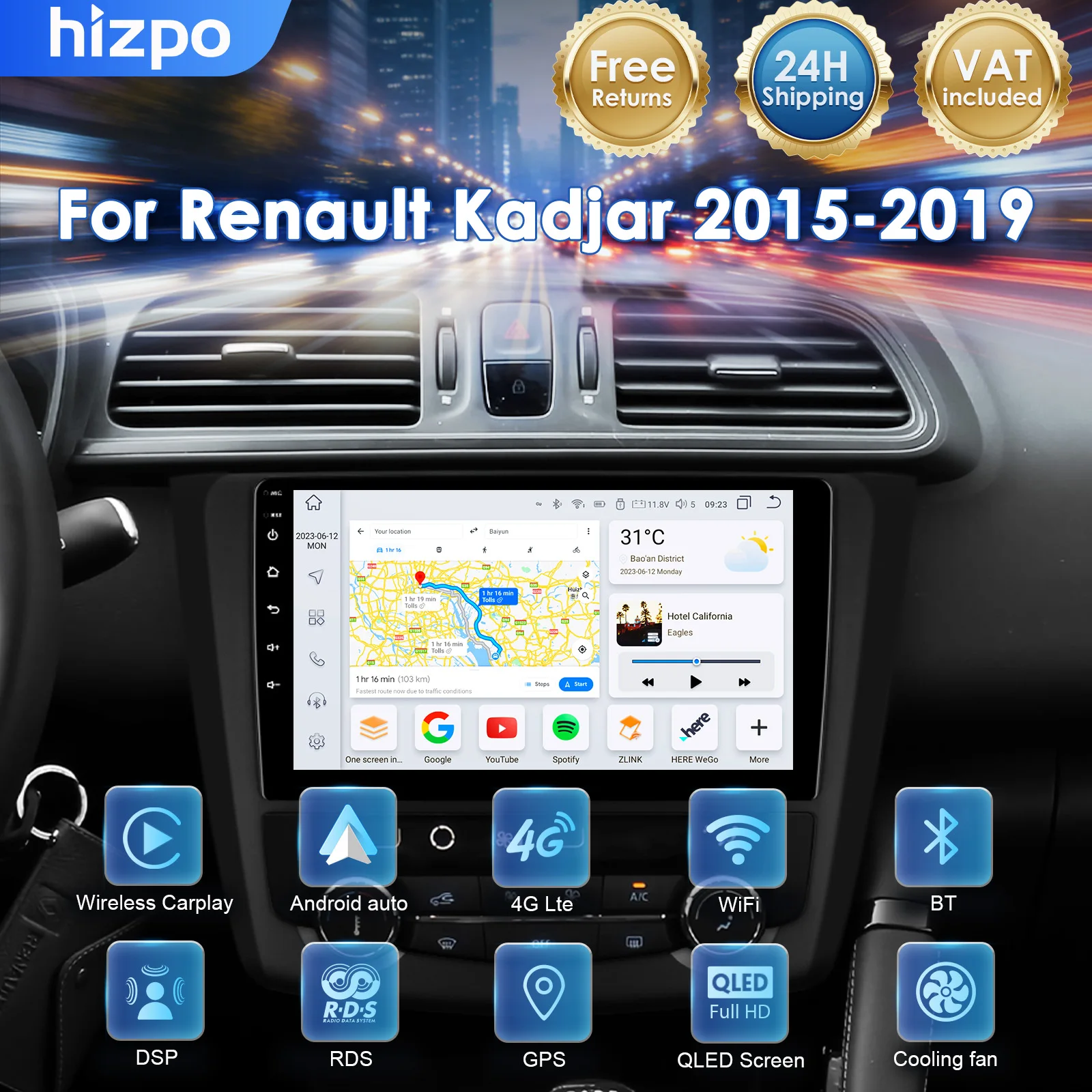 Hizpo Autoradio Android Wireless CarPlay per Renault Kadjar 2015-2019, Sistemi Intelligenti DSP SWC RDS GPS Stereo 8 Core