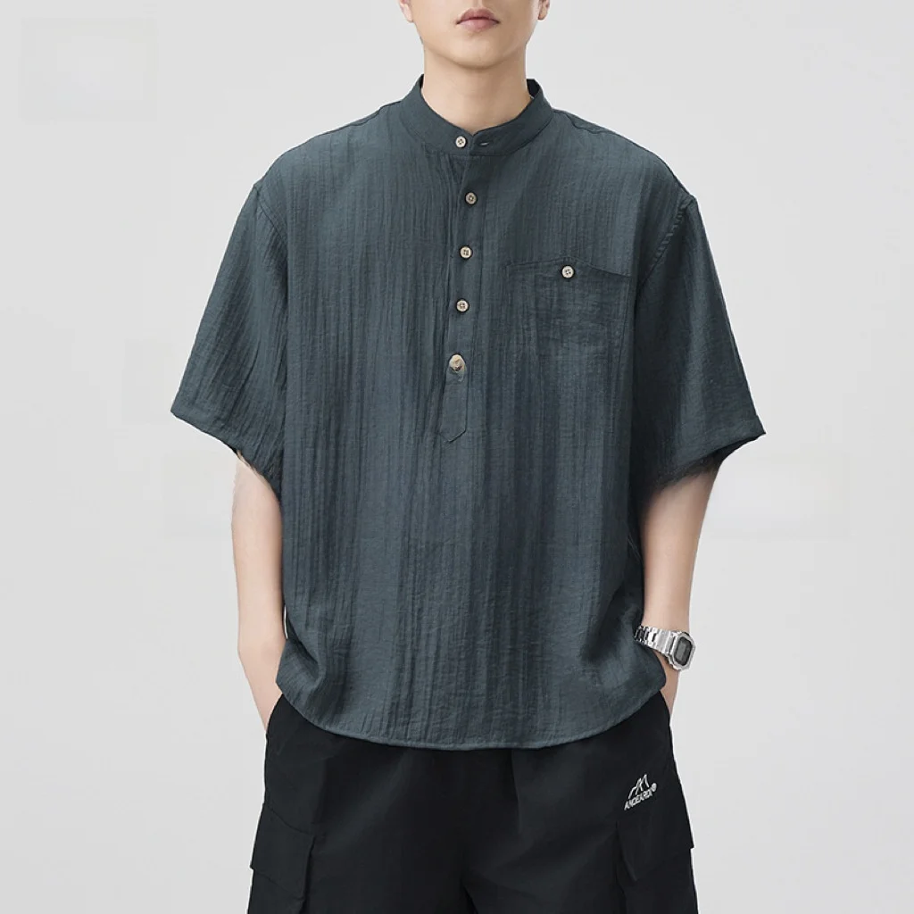 

Retro Linen Color Casual Shirt Men's Stylish Short Sleeve Shirt Comfortable Fit Bright Thread Iron Free Polyester ...